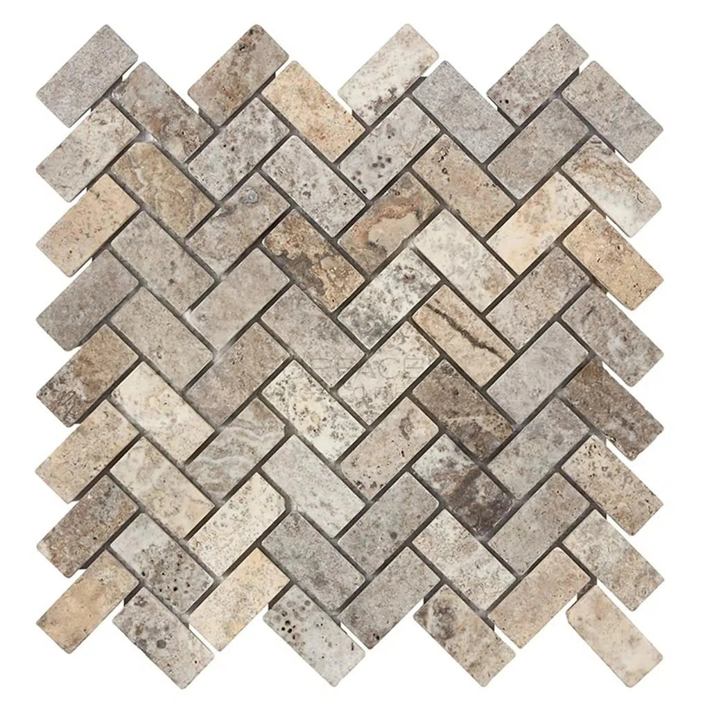 Silver (Gray) Travertine 1X2 Herringbone Mosaic Tile Tumbled