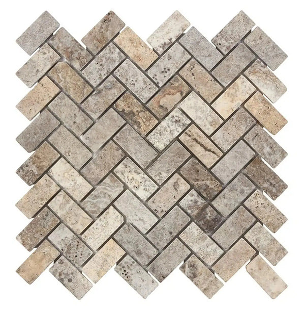 Silver (Gray) Travertine 1X2 Herringbone Mosaic Tile Tumbled