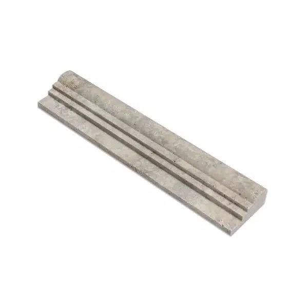 SurfacesGalore Silver (Gray) Travertine 2 1/2X12 OG-2 (Double-Step Chair Rail Trim) Liner featuring three parallel grooves and a rounded, slightly raised edge on a white background.