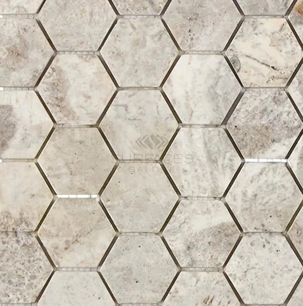 Silver (Gray) Travertine 2" Hexagon Mosaic Tile Tumbled