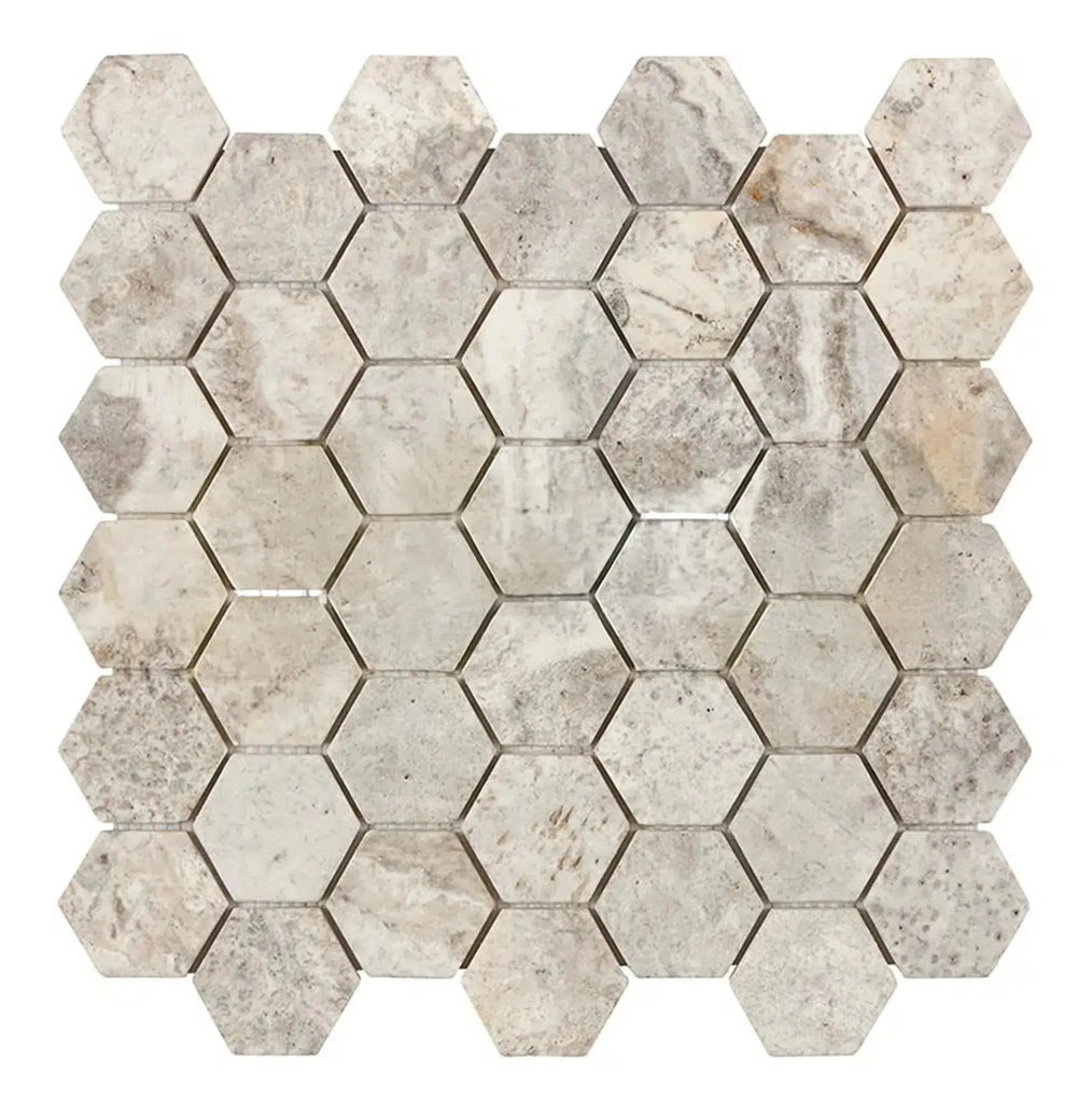 Silver (Gray) Travertine 2" Hexagon Mosaic Tile Tumbled