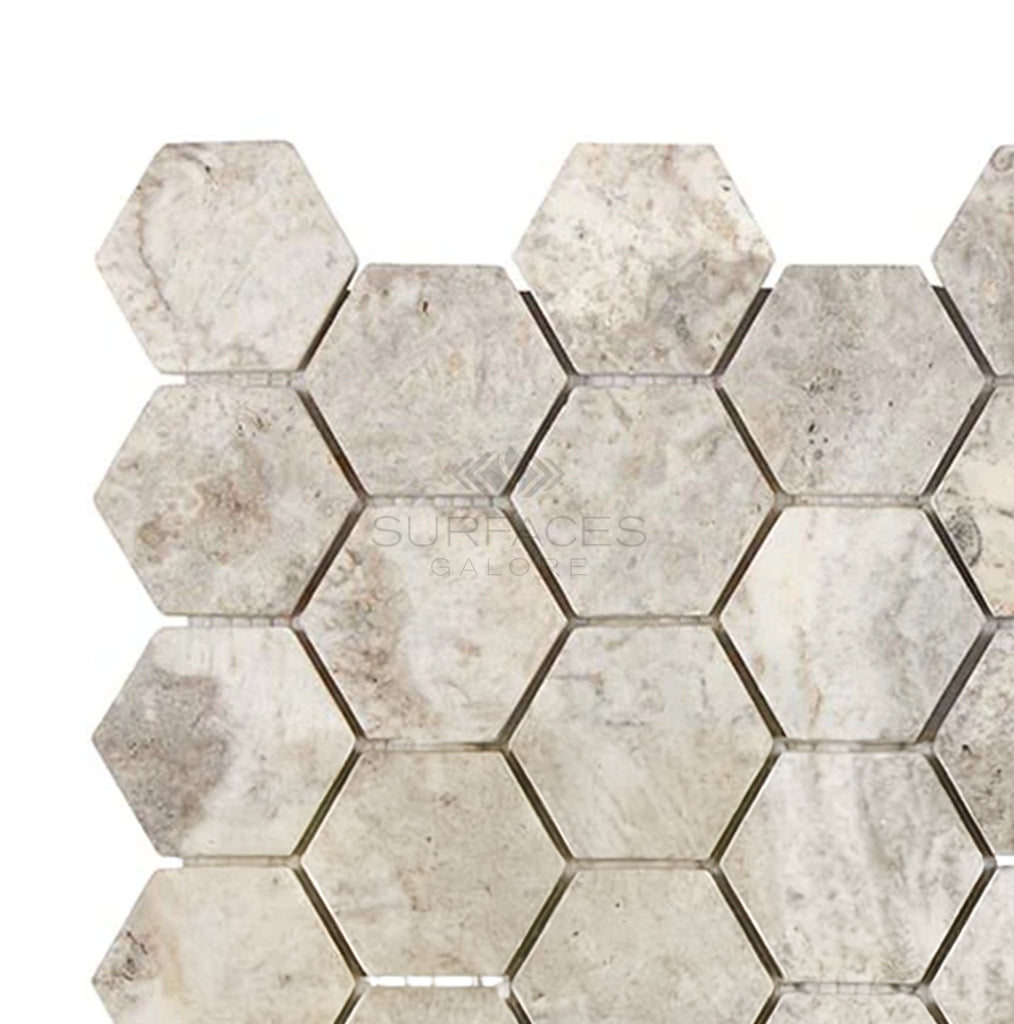 Silver (Gray) Travertine 2X2 Hexagon Mosaic Tile Tumbled - SurfacesGalore