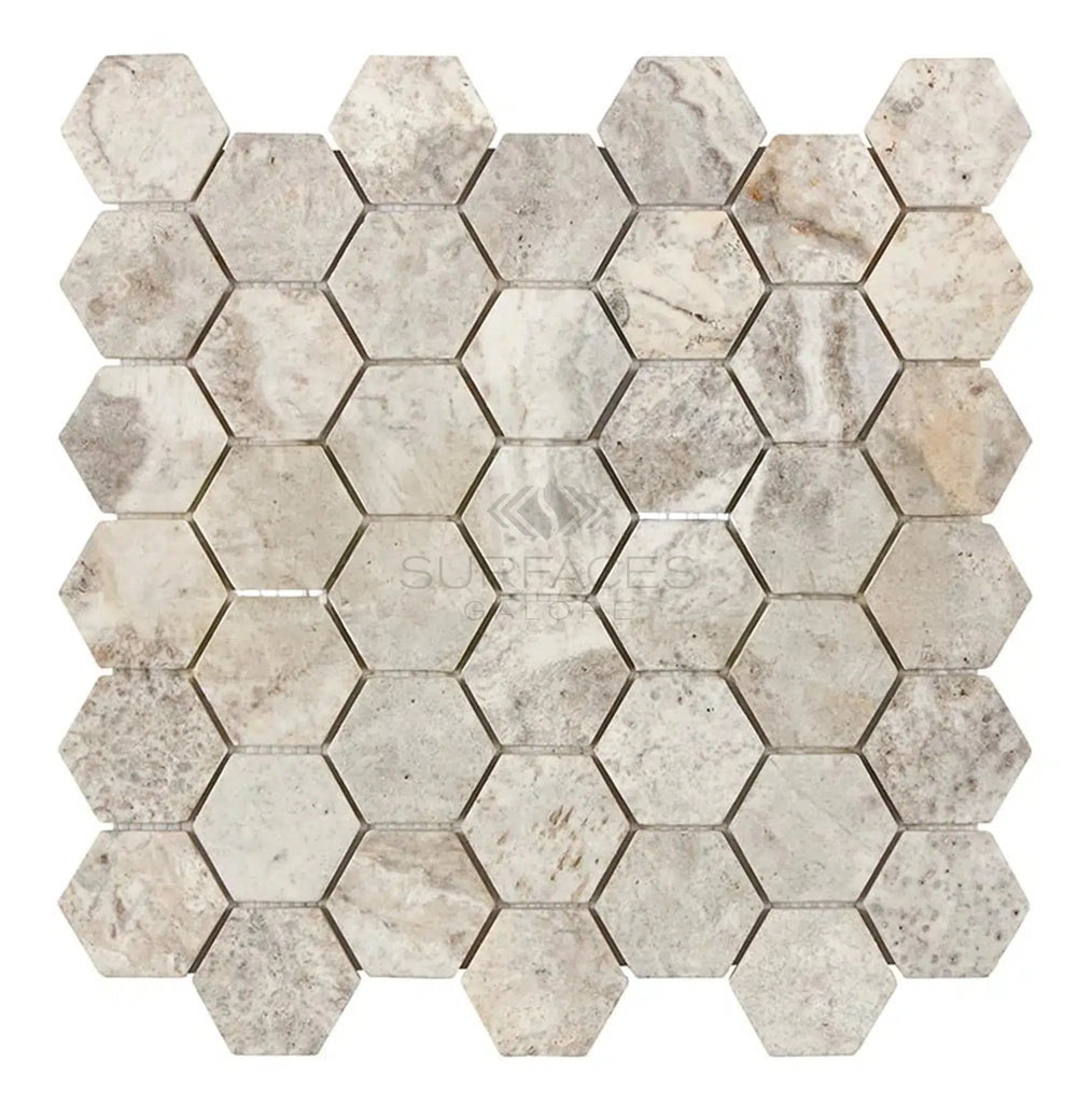 Silver (Gray) Travertine 2X2 Hexagon Mosaic Tile Tumbled