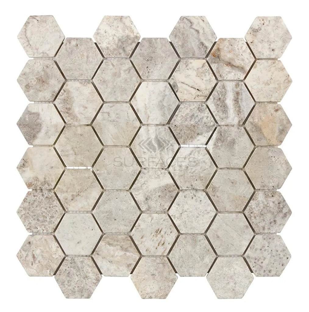 Silver (Gray) Travertine 2X2 Hexagon Mosaic Tile Tumbled - SurfacesGalore