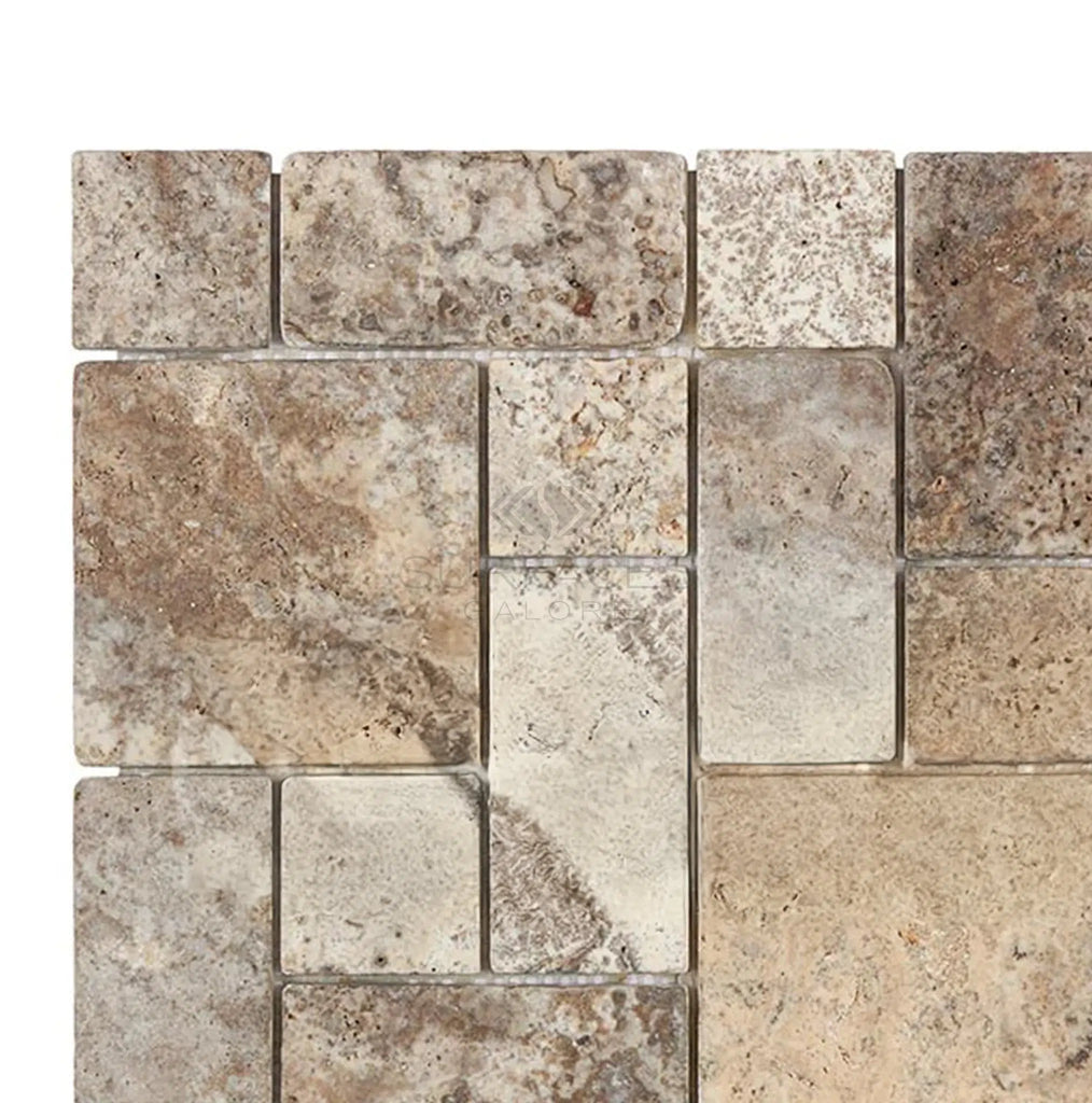 Silver (Gray) Travertine 3 - pcs. Mini - Pattern (Non - Interlocking) Tile Tumbled - SurfacesGalore