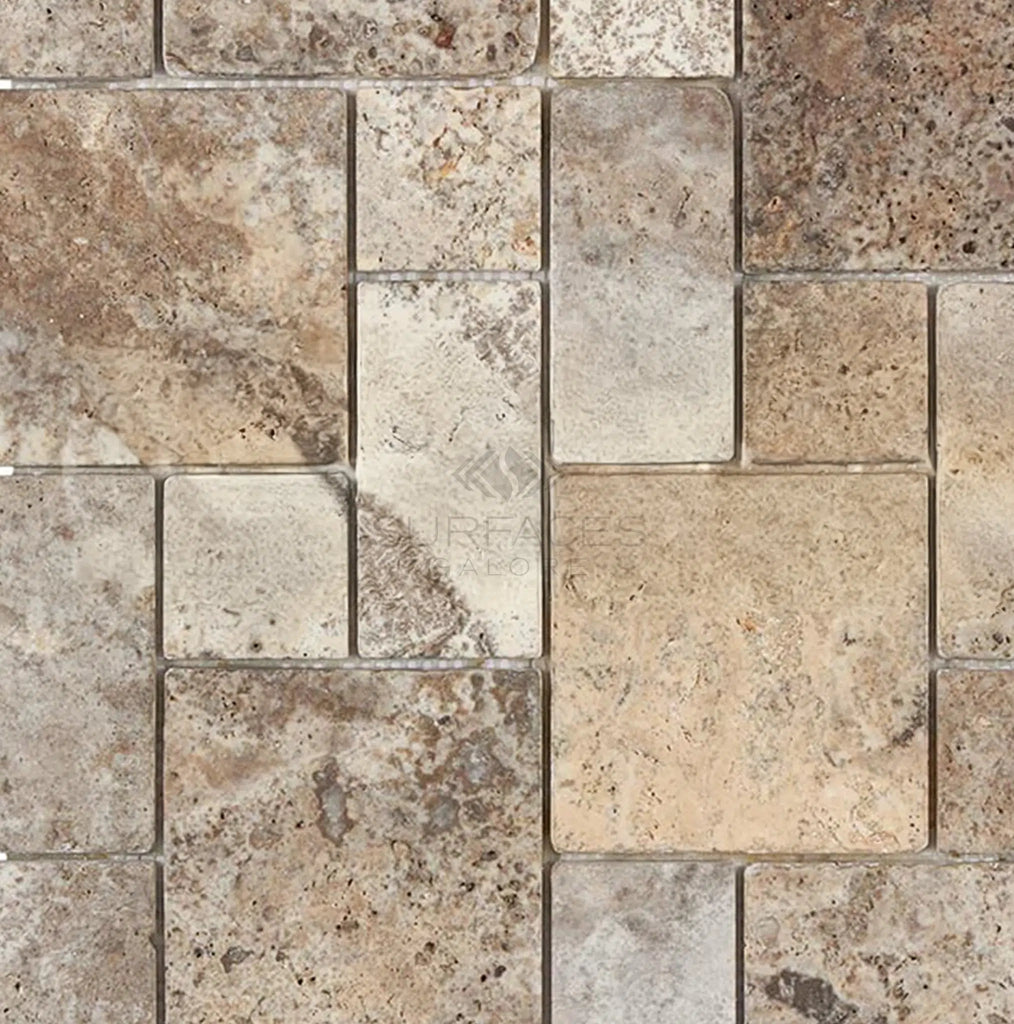 Silver (Gray) Travertine 3 - pcs. Mini - Pattern (Non - Interlocking) Tile Tumbled - SurfacesGalore