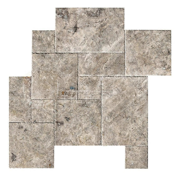 Silver (Gray) Travertine 4 pcs Versailles Pattern / French Pattern Set - SurfacesGaloreTumbled