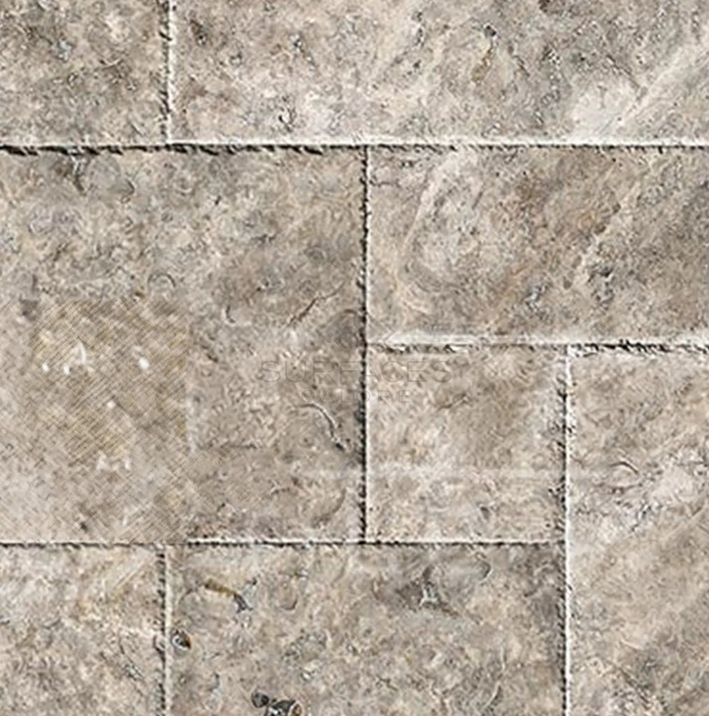 Silver (Gray) Travertine 4 pcs Versailles Pattern / French Pattern Set - SurfacesGaloreTumbled