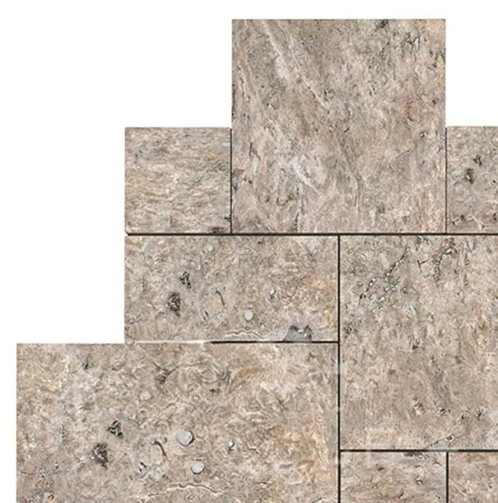 Silver (Gray) Travertine 4 pcs Versailles Pattern / French Pattern Set - SurfacesGaloreTumbled