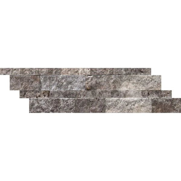 The SurfacesGalore Silver (Gray) Travertine Ledger-Panel ("Z" Split-Panel) Mosaic Split-Faced, showcasing varying shades of gray with a rough texture and arranged in a staggered pattern, offers a sophisticated appearance for versatile applications.