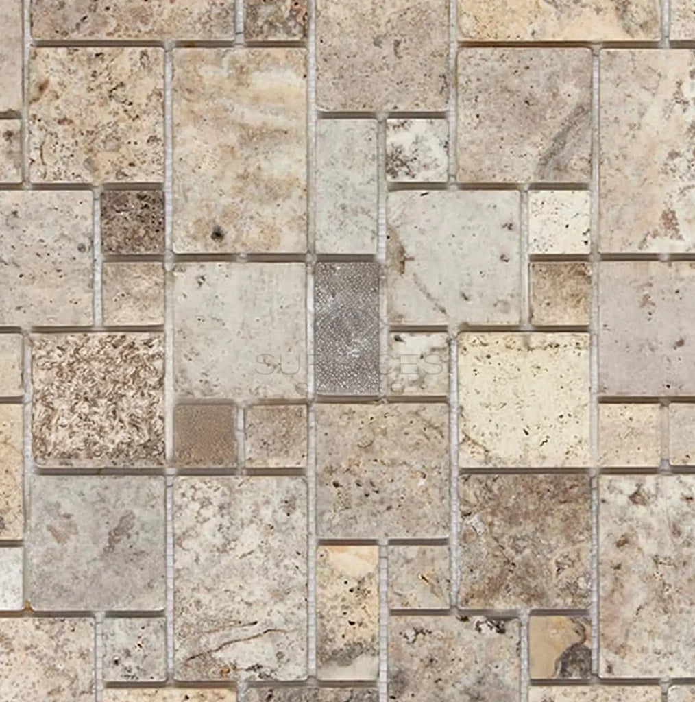 Silver (Gray) Travertine Micro - Pattern (Mini - Versailles) Tile Tumbled - SurfacesGalore