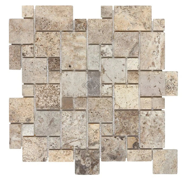 Silver (Gray) Travertine Micro - Pattern (Mini - Versailles) Tile Tumbled - SurfacesGalore