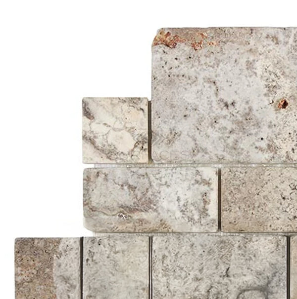 Silver (Gray) Travertine OPUS Mini - Pattern (4 pcs.) (Interlocking) Tile Tumbled - SurfacesGalore