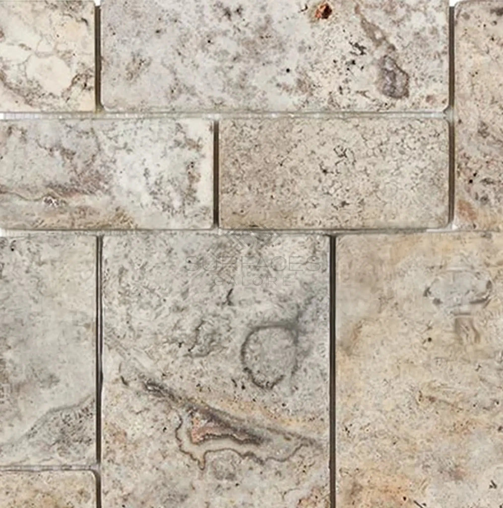 Silver (Gray) Travertine OPUS Mini - Pattern (4 pcs.) (Interlocking) Tile Tumbled - SurfacesGalore