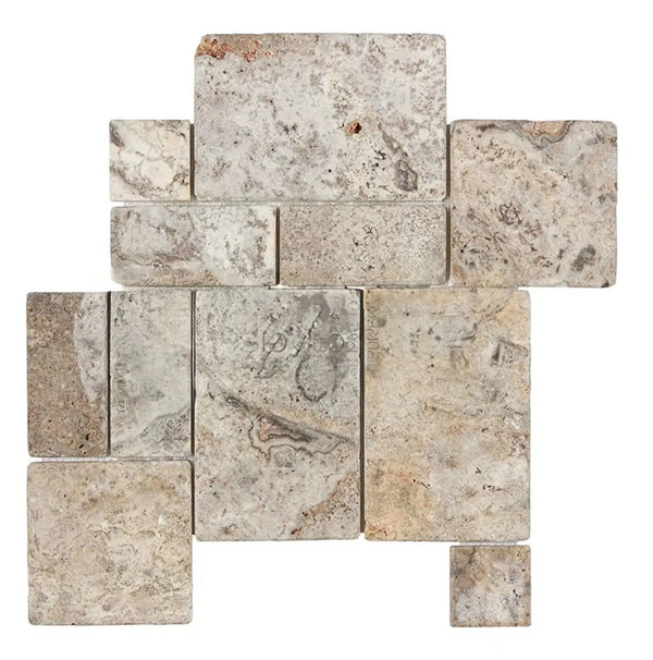 Silver (Gray) Travertine OPUS Mini-Pattern (4 pcs.) (Interlocking) Tile Tumbled