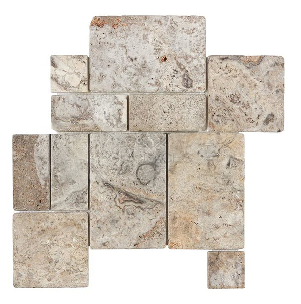 Silver (Gray) Travertine OPUS Mini - Pattern (4 pcs.) (Interlocking) Tile Tumbled - SurfacesGalore