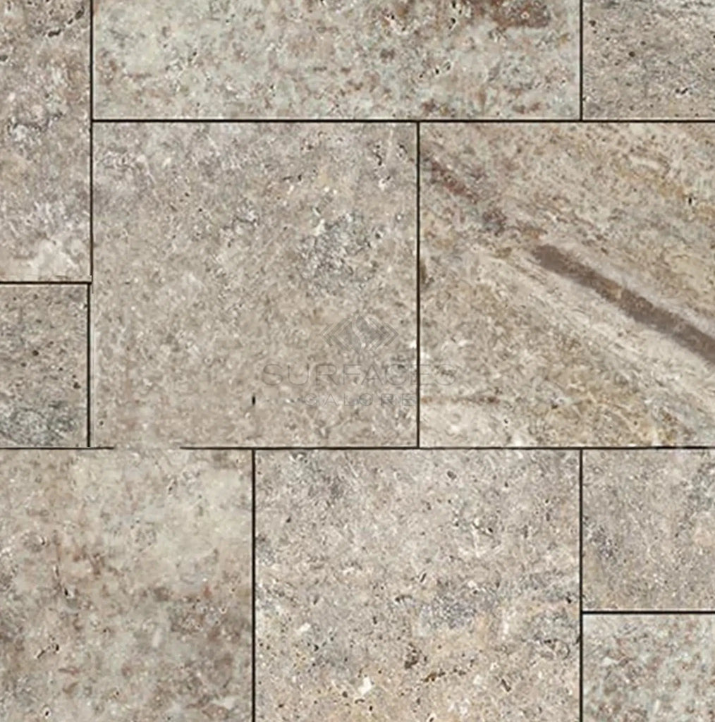 Silver (Gray) Travertine Versailles Pattern 3 cm Paver Tumbled - SurfacesGalore