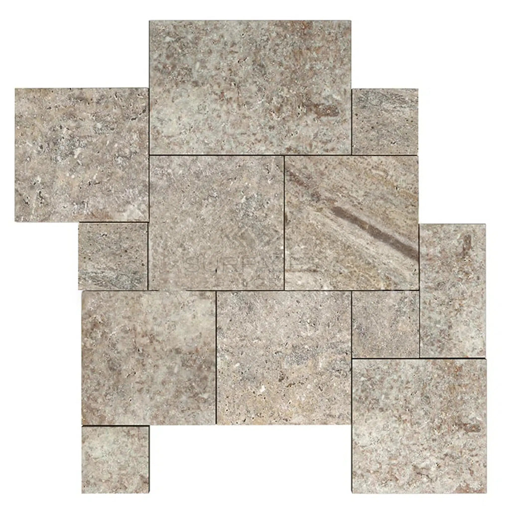 Silver (Gray) Travertine Versailles Pattern 3 cm Paver Tumbled - SurfacesGalore