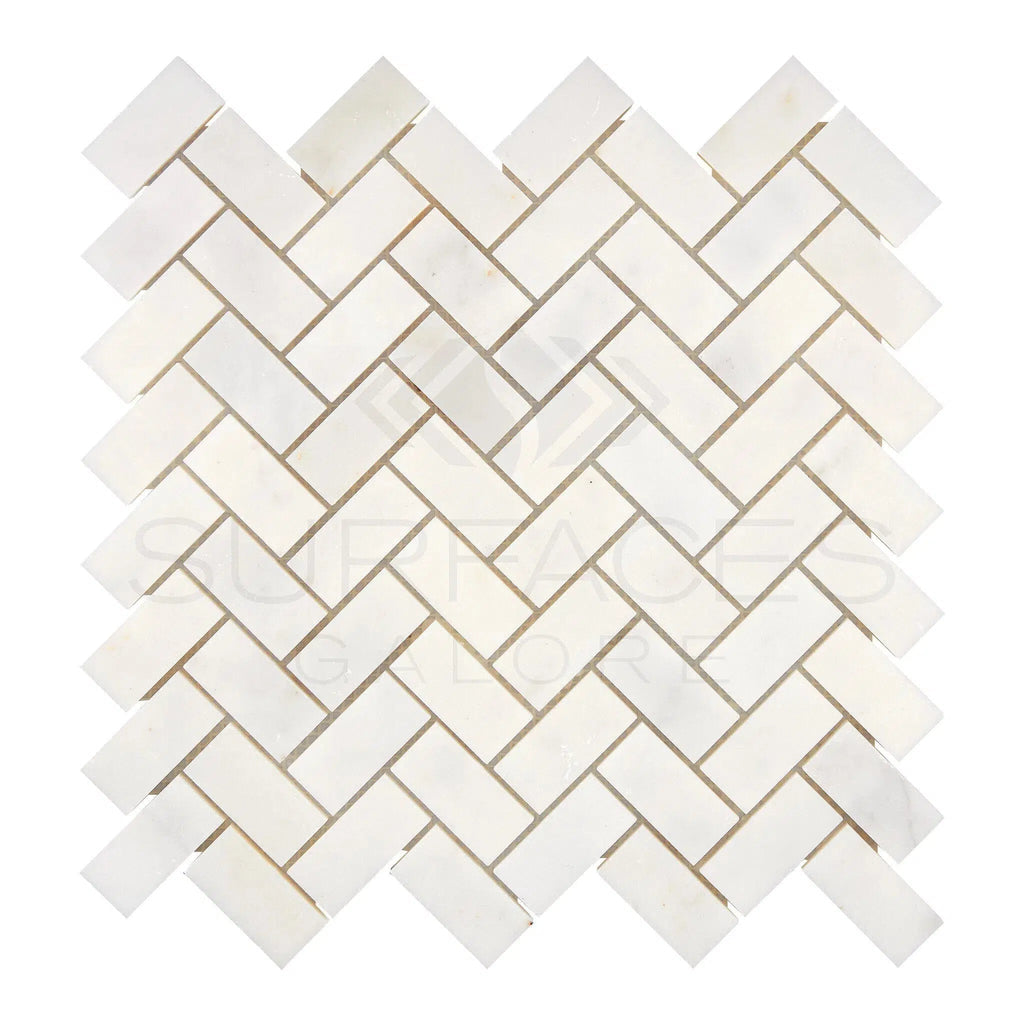 Snow White (Afyon White) 1X2 Herringbone Marble Mosaic Polished - SurfacesGalore