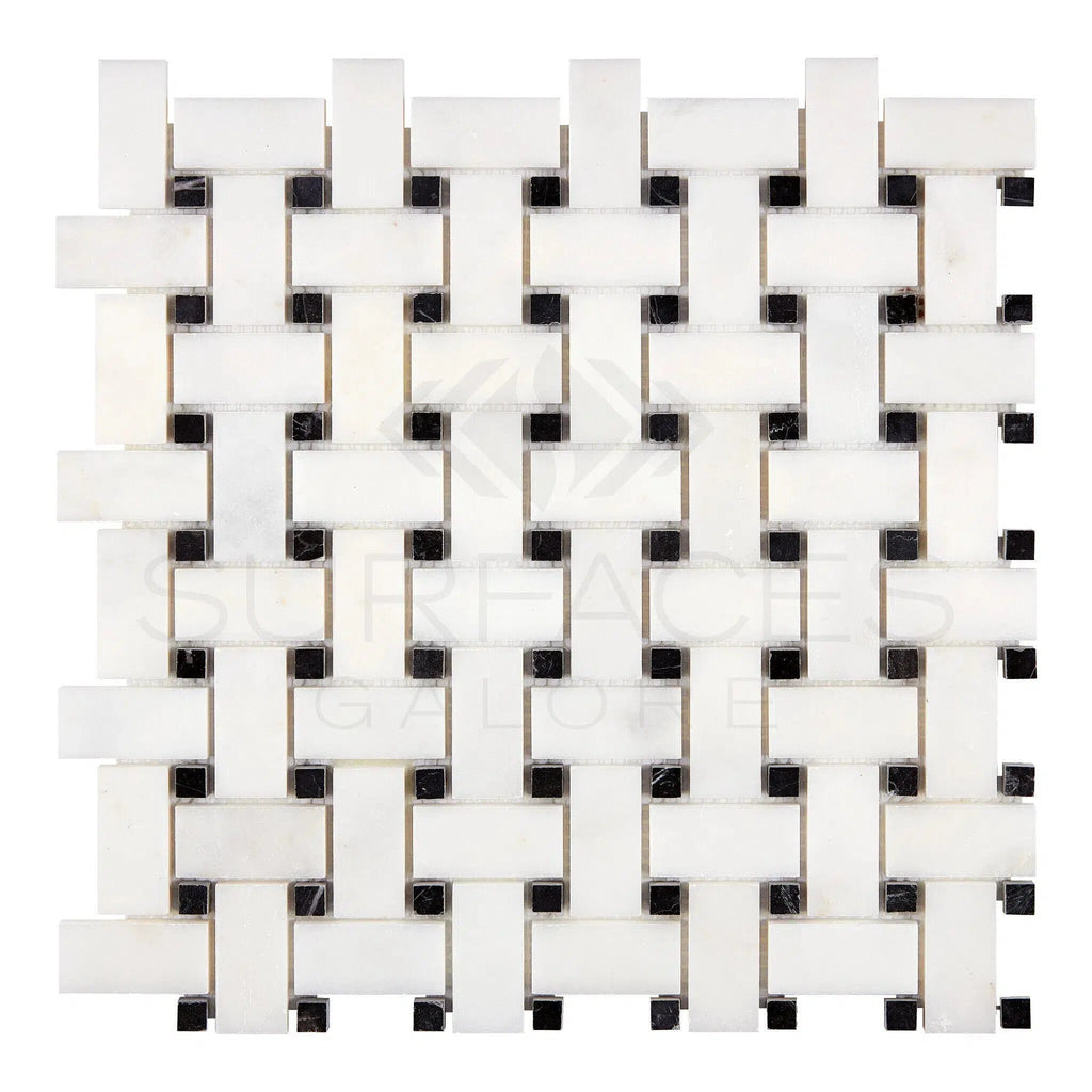 Snow White (Afyon White) Basketweave (w/Black) Marble Mosaic Polished - SurfacesGalore