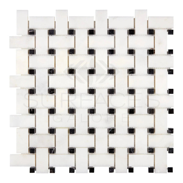 Snow White (Afyon White) Basketweave (w/Black) Marble Mosaic Polished - SurfacesGalore