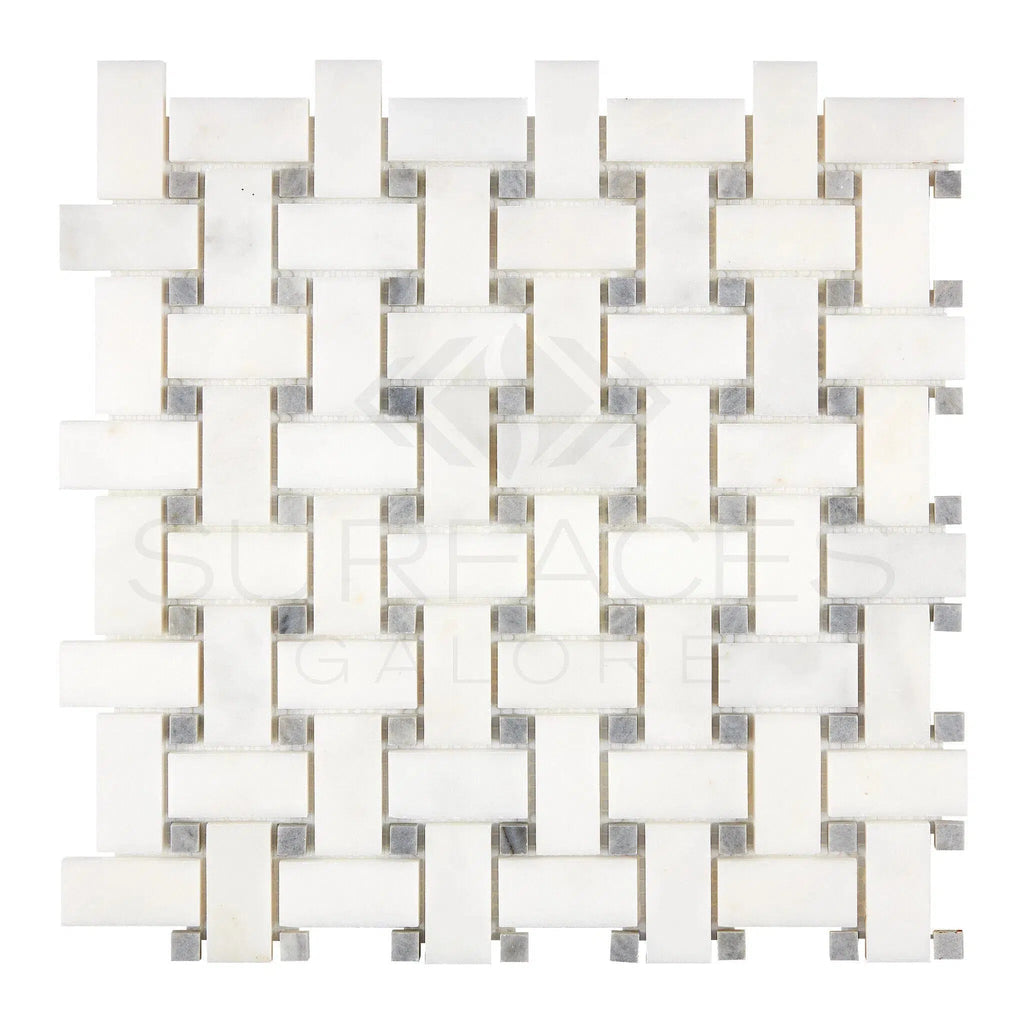 Snow White (Afyon White) Basketweave (w/Blue - Gray) Marble Mosaic Polished - SurfacesGalore