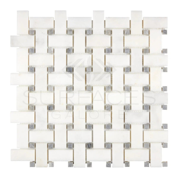 Snow White (Afyon White) Basketweave (w/Blue - Gray) Marble Mosaic Polished - SurfacesGalore