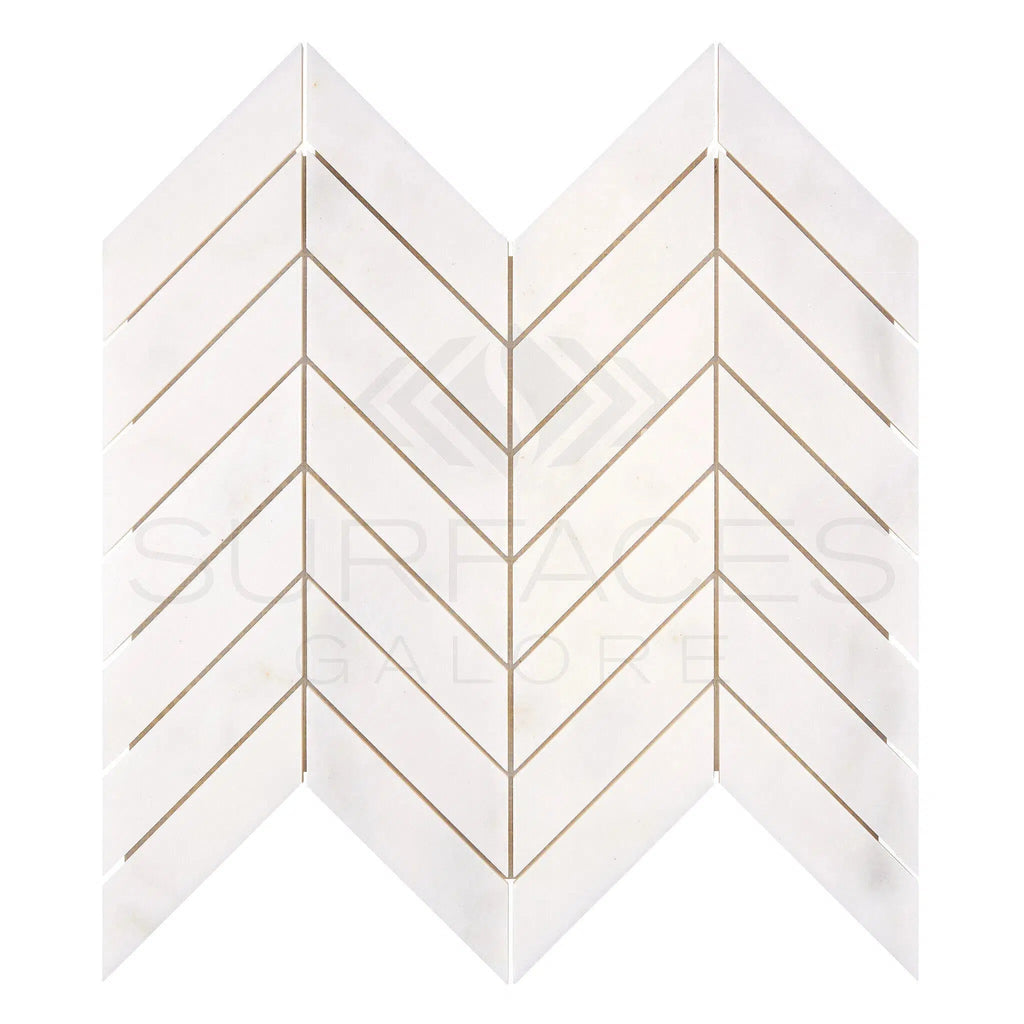 Snow White (Afyon White) Chevron (1X4) Marble Mosaic Polished - SurfacesGalore