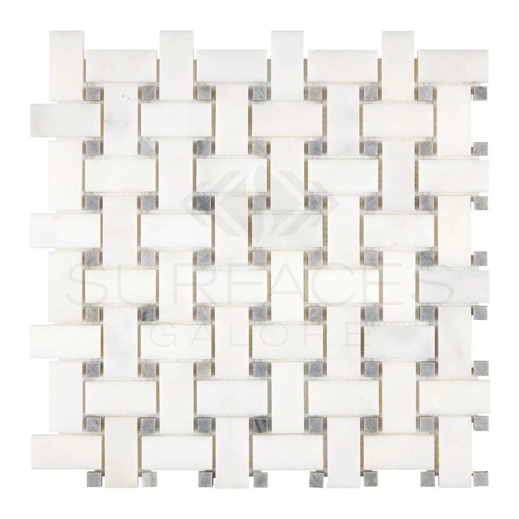 Snow White Basketweave (w/Blue-Gray) Marble Mosaic Polished