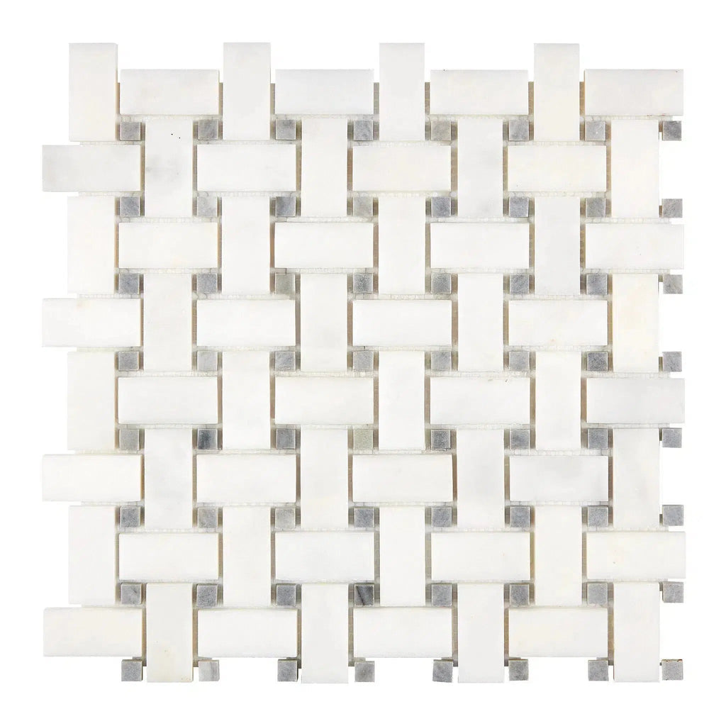 Snow White Basketweave (w/Blue-Gray) Marble Mosaic Polished