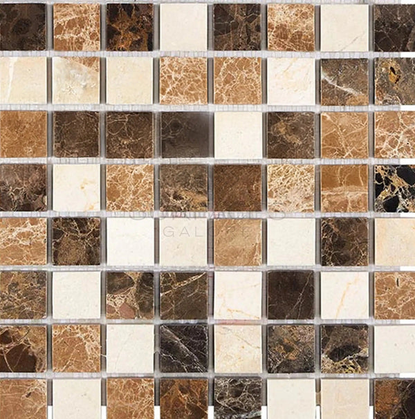 Spanish Mix 1X1 Crema Marfil+Emp. Light+Emp. Dark Marble Mosaic Tile Polished - SurfacesGalore