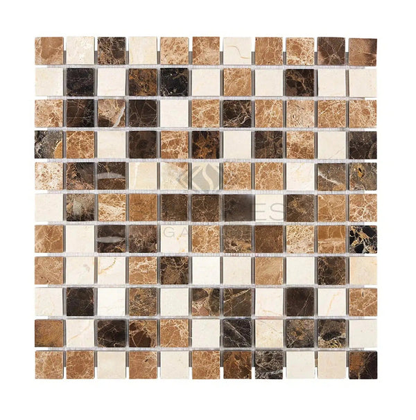 Spanish Mix 1X1 Crema Marfil+Emp. Light+Emp. Dark Marble Mosaic Tile Polished