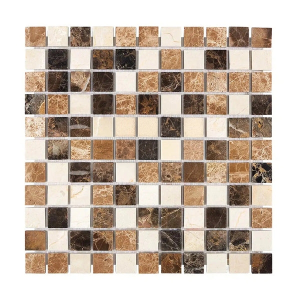 Spanish Mix 1X1 Crema Marfil+Emp. Light+Emp. Dark Marble Mosaic Tile Polished