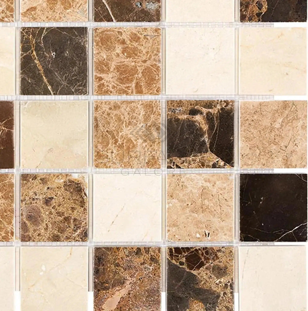 Spanish Mix 2X2 Crema Marfil+Emp. Light+Emp. Dark Marble Mosaic Tile Polished