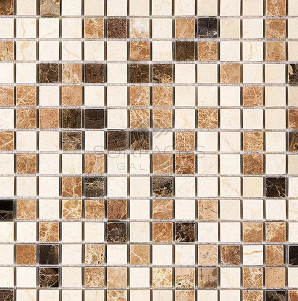 Spanish Mix 5/8X5/8 Crema Marfil+Emp. Light+Emp. Dark Marble Mosaic Tile Polished - SurfacesGalore