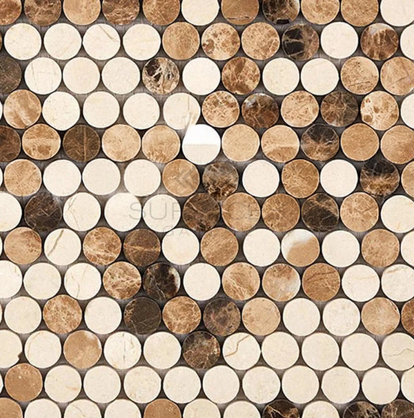 Spanish Mix Penny - Round(Crema Marfil+Emp. Light+Emp. Dark)Marble Mosaic Tile Polished - SurfacesGalore