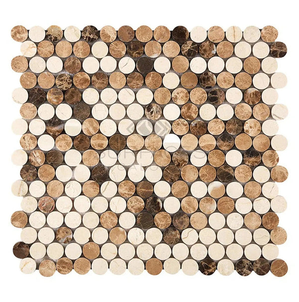 Spanish Mix Penny-Round Crema Marfil+Emp. Light+Emp. Dark Marble Mosaic Tile Polished