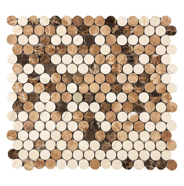 Spanish Mix Penny-Round Crema Marfil+Emp. Light+Emp. Dark Marble Mosaic Tile Polished