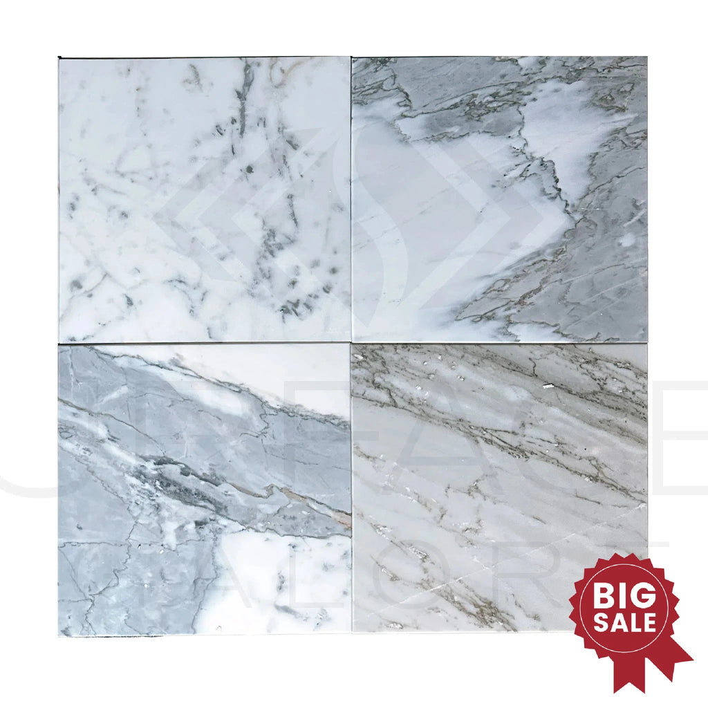 Statuarietto Madley / White 12X12 Polished Marble Tile 200 Sq.Ft. - Discounted, Marble/Travertine Clearance Sale - SurfacesGalore