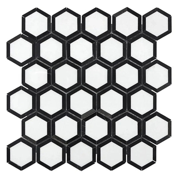 Thassos White 2" Vortex Hexagon (w/ Black) Mosaic Marble Polished-Honed