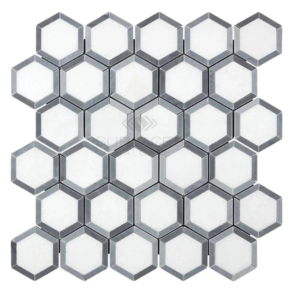 Thassos White 2" Vortex Hexagon (w/ Blue-Gray) Mosaic Marble Polished-Honed