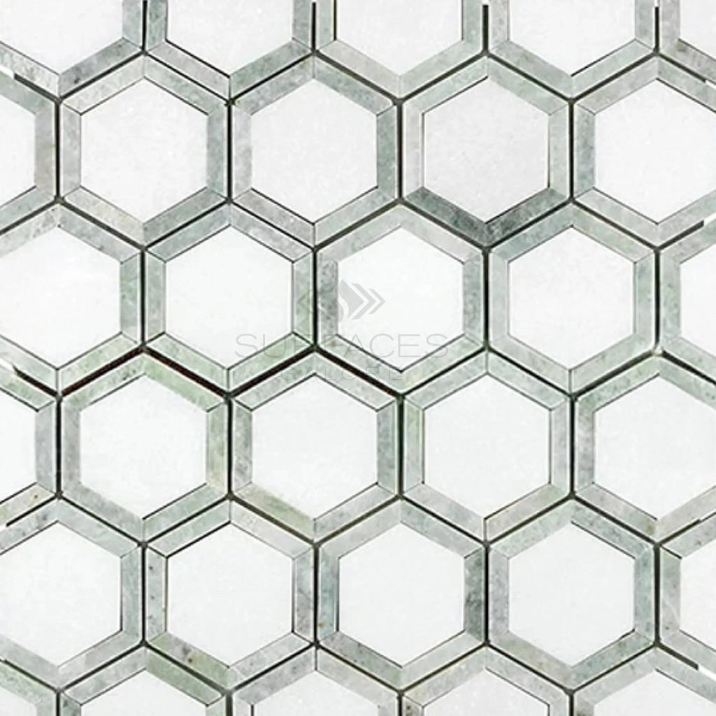 Thassos White 2" Vortex Hexagon (w/ Ming-Green) Mosaic Marble Polished-Honed