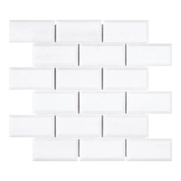 Thassos White 2X4 Deep-Beveled Brick Mosaic Marble Polished-Honed