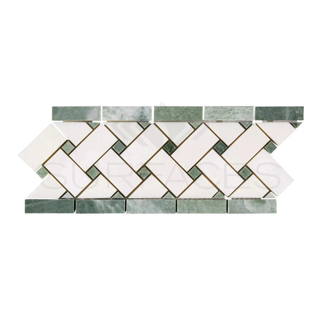 Thassos White 4 3/4X12 Basketweave Border (w/ Ming-Green) Marble Polished-Honed