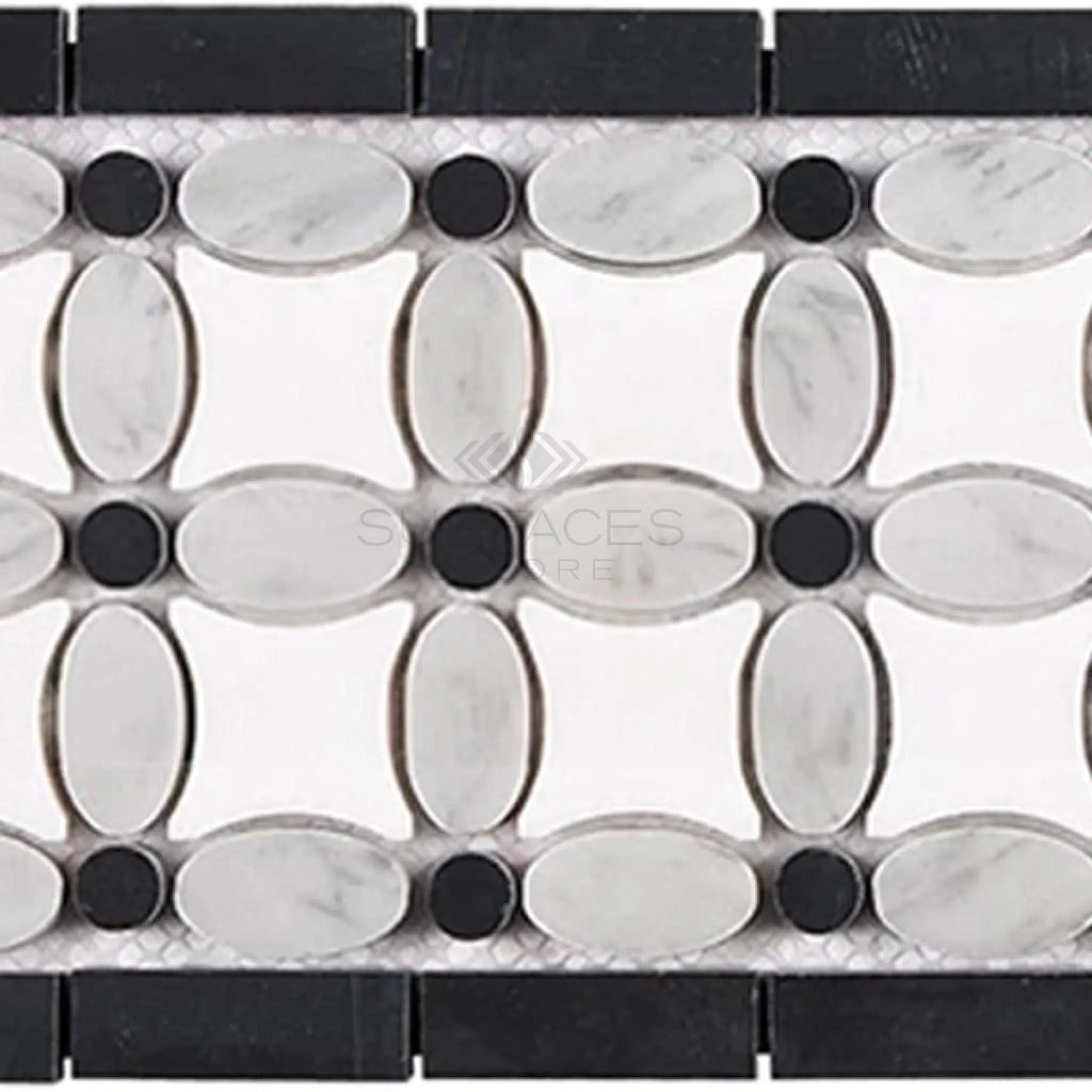 Thassos White 5 3/4X11 1/4 Florida Flower Border (Thassos+White Carrara(Oval)+Black (Dots) Marble Polished-Honed