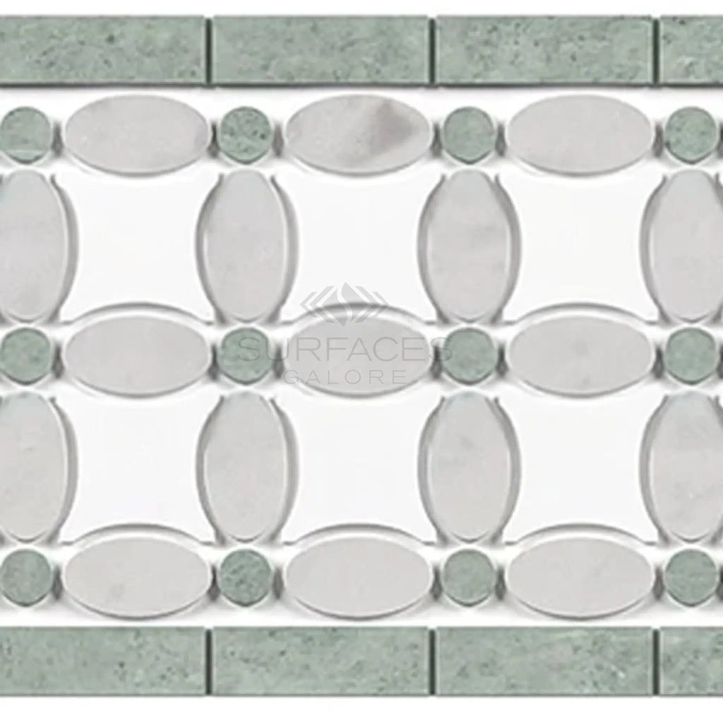 Thassos White 5 3/4X11 1/4 Florida Flower Border (Thassos+White Carrara(Oval)+Ming-Green(Dots) Marble Polished-Honed