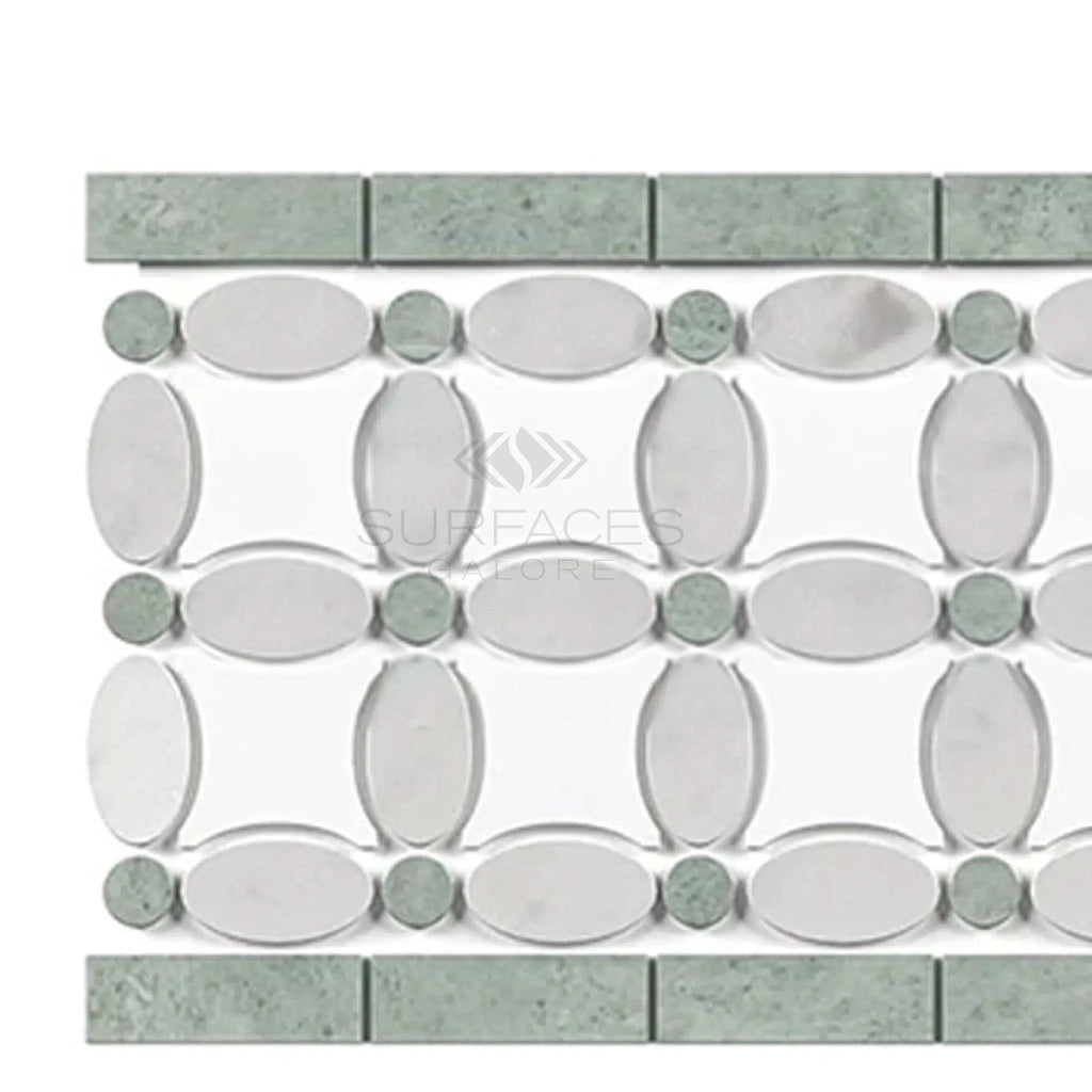 Thassos White 5 3/4X11 1/4 Florida Flower Border (Thassos+White Carrara(Oval)+Ming-Green(Dots) Marble Polished-Honed