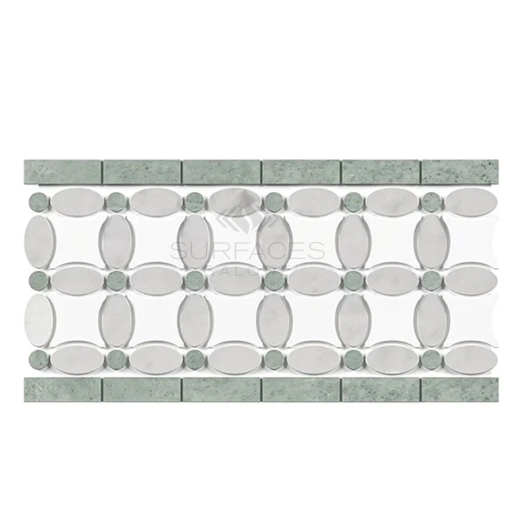 Thassos White 5 3/4X11 1/4 Florida Flower Border (Thassos+White Carrara(Oval)+Ming-Green(Dots) Marble Polished-Honed