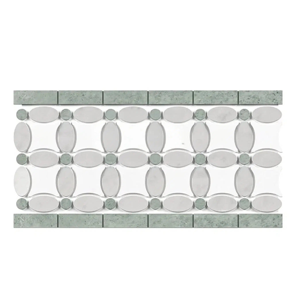 Thassos White 5 3/4X11 1/4 Florida Flower Border (Thassos+White Carrara(Oval)+Ming-Green(Dots) Marble Polished-Honed