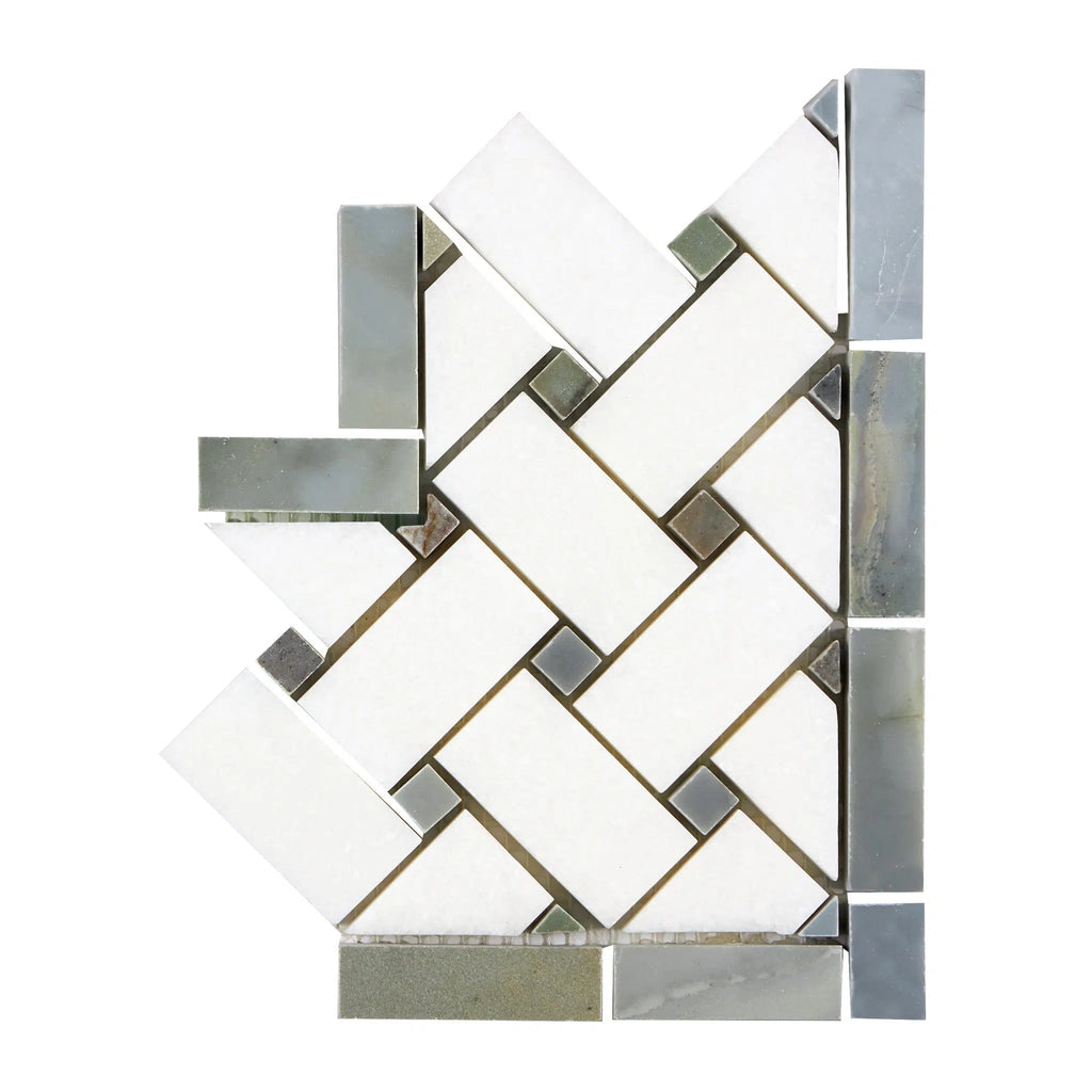 Thassos White Basketweave Border CORNER (w/ Blue-Gray) Marble Polished-Honed